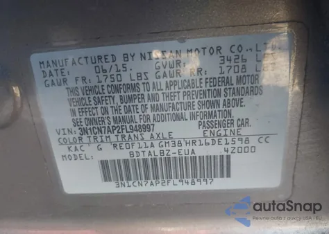 2015 Nissan Versa 1.6 Sv z USA, uszkodzony, nr VIN 3N1CN7AP2FL948997